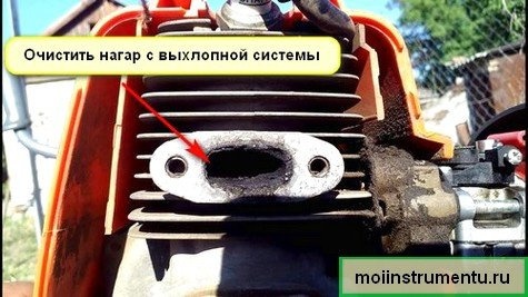 Свеча зажигания засорилась, и цепная косилка не запускается
